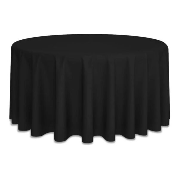 Runder Banketttisch Ø183 cm mit bodenlanger schwarzer Tischdecke und Molton für Hochzeiten und Bankette