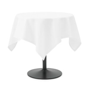 Schwarzer Bistrotisch Ø60 cm H56 cm mit weißer Tischdecke 80×80 cm für Event- und Lounge-Bereich