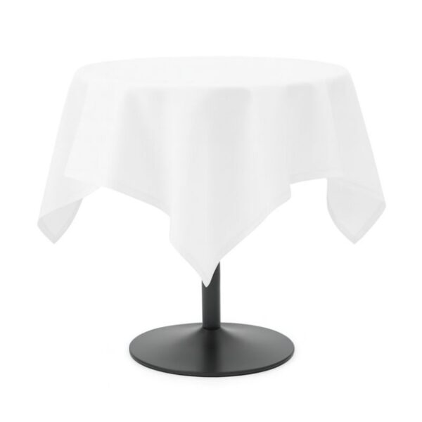 Schwarzer Bistrotisch Ø60 cm H56 cm mit weißer Tischdecke 80×80 cm für Event- und Lounge-Bereich