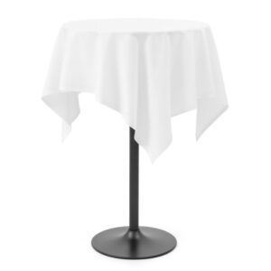 Schwarzer Stehtisch Ø60cm mit weißer 100×100cm Baumwoll-Tischdecke Eventverleih München